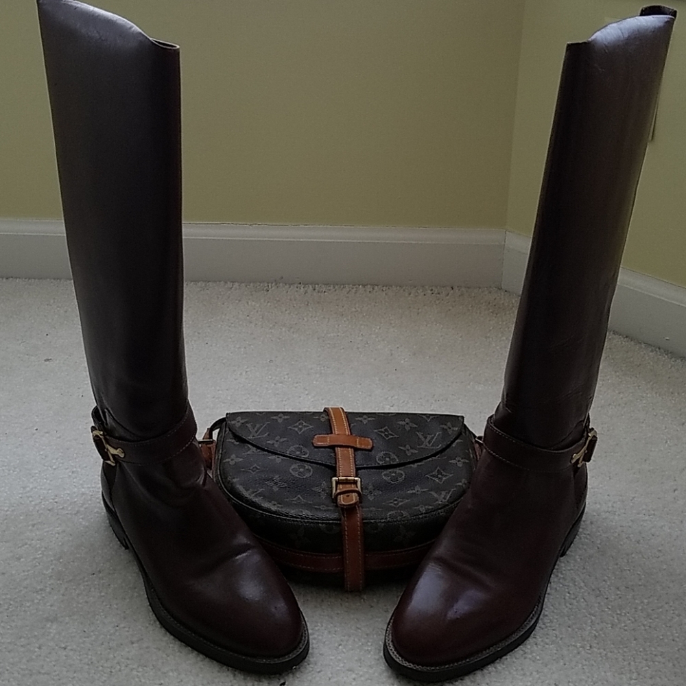 Cognac brown faux leather riding boots